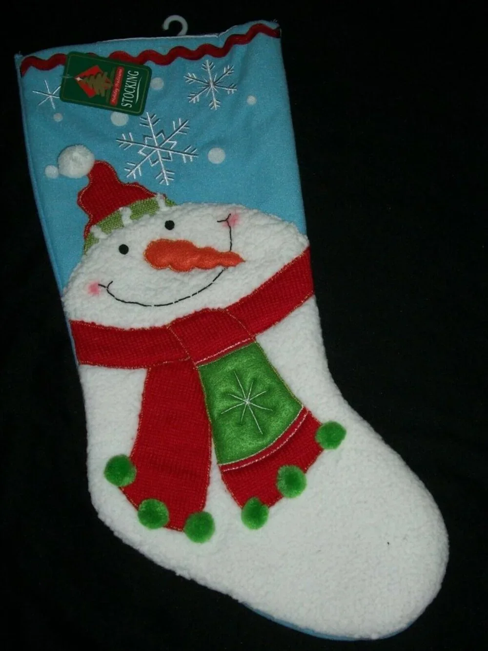 Blue Snowman Scarf Snowflake Christmas Stocking Holiday Decoration Sherpa Pom